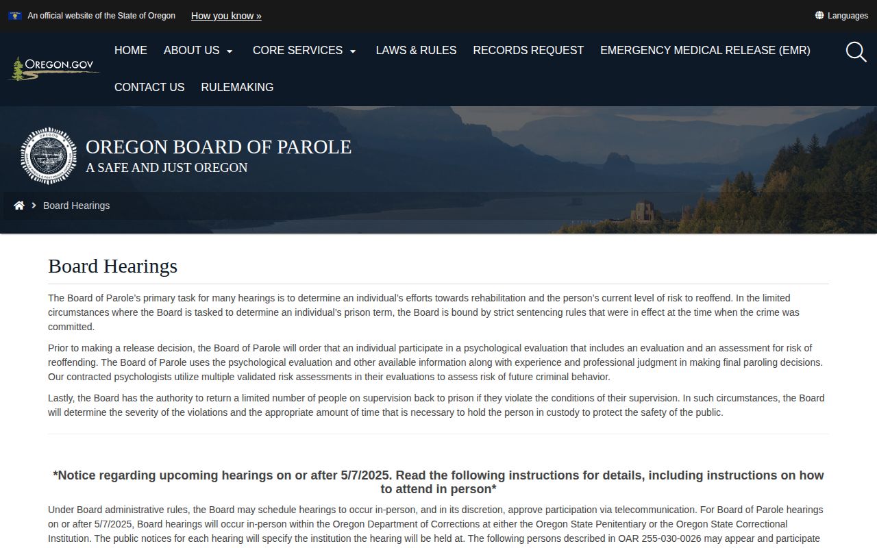 Oregon Board calendar for Josephine County parole release hearing records